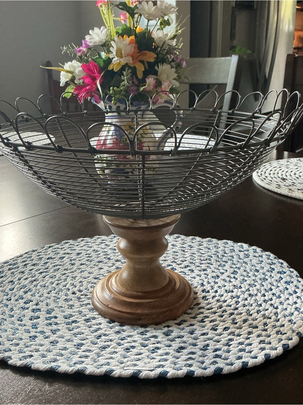 Vintage Decorative Wire Fruit Bowl on Wooden Pedestal - Black and Natural Wood